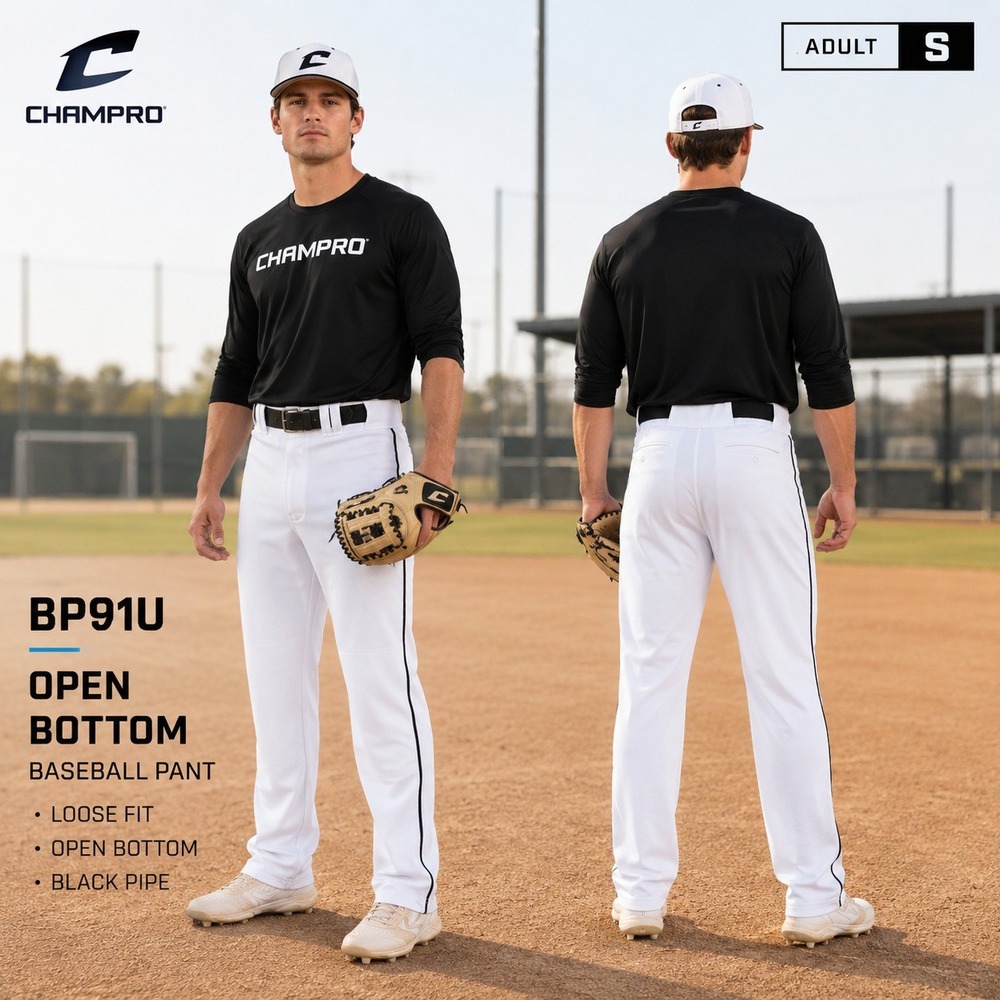 Champro BP91U Mens Small White Black Pipe Open Bottom Baseball Pants New